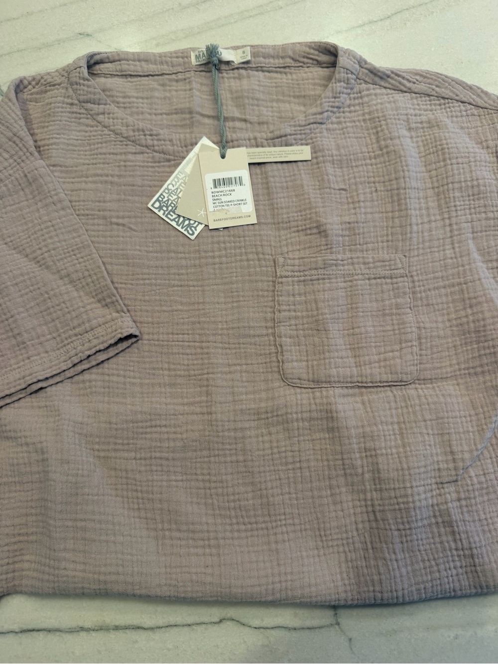 Barefoot Dreams Mauve 100% Cotton Crinkle Tee & Short Set-NWT - Picture 3 of 14